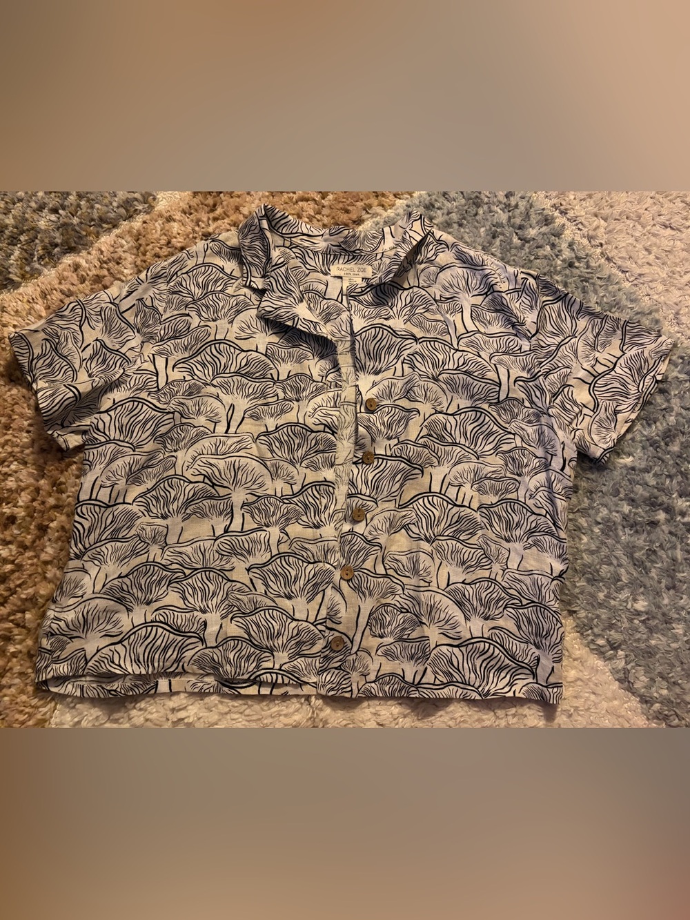 Boxy Rachel Zoe linen button down bohemian mushroom botanical print Size L